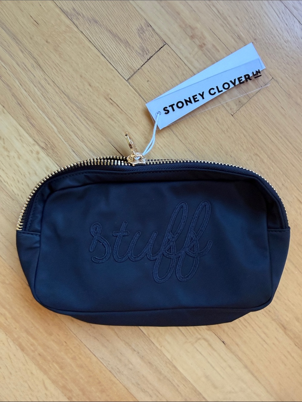 Stoney Clover Lane Black Embroidered "Stuff" Pouch with Gold Zipper